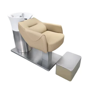 Modern Luxury Spa Shampoo Chair with Stainless Steel Frame PU Leather Semi Reclining Design and Ceramic Basin for Hair Salons