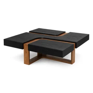 Modern Luxury Square Coffee Table Black and Natural Wood Layered Center Table for Villa Hotel Living Room Project