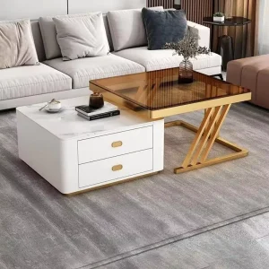 Modern Luxury Square Rock Slab Glass Coffee Table with Sintered Stone Stainless Steel Drawer Storage Tea Table Set