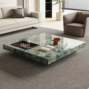 Modern Luxury Square Sintered Stone Coffee Table Green Marble Look Center Table Low Block Plinth Table for Living Room