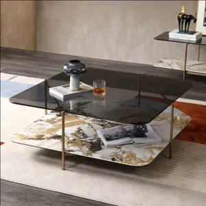 Modern Luxury Square Stainless Steel Base Golden Color Tempered Glass Top Coffee Table for Living Room