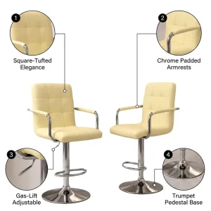 Modern Luxury Square Tufted Leather Bar Chair Metal Base Height Adjustable Swivel Bar Stool with Padded Armrests Chrome Base