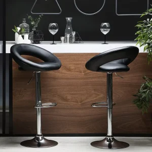 Modern Luxury Swivel High Bar Stool Black Moon Leather Bar Chair with Footrest for Home Bar Hotel Dining & Living Room