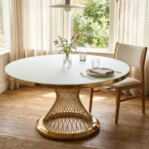 Modern Luxury Tempered Glass Dining Table with Gold Stainless Steel Twisted Base for Hotel Furniture