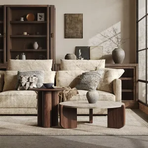 Modern Luxury Travertine Round Coffee Table with Walnut Legs for Hotel Use