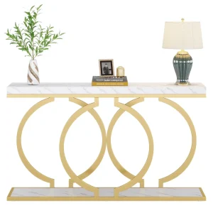 Modern Luxury White and Gold Unique Design Entry Console Table & Sofa Table with 2 Tier Storage Shelf