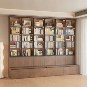 Modern Luxury Wooden Bookshelf Glass Doors LED Lighting High Capacity 5 Shelves Modular Eco Friendly Home Office Living Room