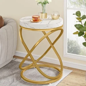 Modern Luxury Wooden Living Room Furniture White and Gold Faux Marble Top Bedside Table Round Coffee Table