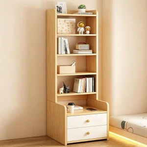 Modern MDF Tall Nightstand Bookshelf 2 in 1 Bedside Cabinet Drawers Open Shelves Adjustable Height Storage Organizer for