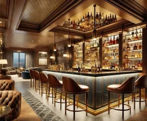 Modern Mall Nightclub Interior LED Lighted Bar Furniture Set with Solid Surface and Tempered Glass Bar Counter
