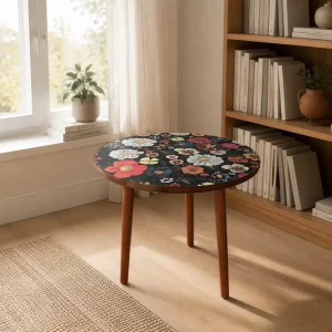 Modern Mandala Round Wood Coffee Side Table Decorative Small Accent End Table for Living Room Bedroom Home Office