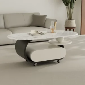 Modern Marble Grain Oval Tempered Glass Coffee Table with Drawers Movable Luxury Tea Table for Living Room Metal Frame
