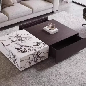 Modern Marble Stone Slab Coffee Table Minimalist Design Solid Wood Frame Storage Space Set for Small Living Rooms