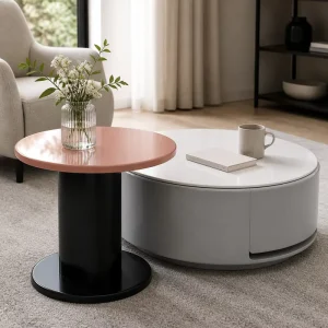 Modern Marble Top Wood Frame Durable Round Coffee Table for Small Living Room Home Decor