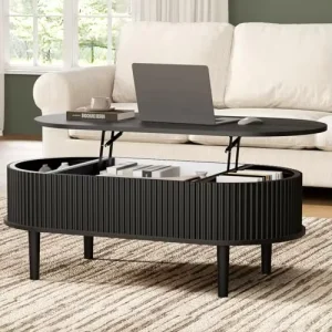 Modern Matte Black Oval Lift Top Coffee Table Hidden Storage Fluted Wooden Space Saving Adjustable Height Living Room Furniture