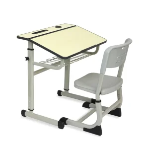Modern Metal Buff Color Adjustable Single Desk and Chair School Sets for Living Room & Bedroom
