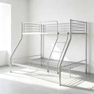 Modern Metal Bunk Bed Twin Over Full Size Strong Bed Frame with Integrated Curved Side Ladder and High Guardrails for Kids Adults