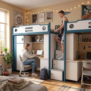 Modern Metal Bunk Bed Twin Over Twin with Guardrail for School Dormitories Hostels