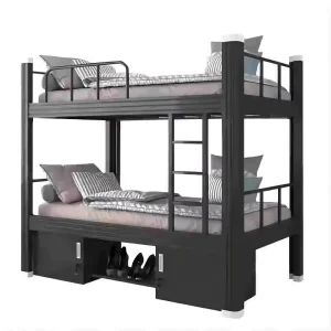 Modern Metal Bunk Beds Steel Frame 2 Storage Drawers Safety Guardrails Ladders for Adults Dormitory Hostel Use