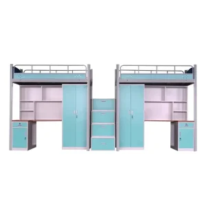 Modern Metal Combination Bed with Upper Bed and Lower Desk for Dormitory Apartment Bedroom School Use