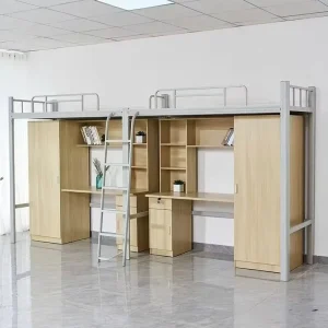 Modern Metal Dormitory Loft Bunk Bed with Desk and Wardrobe Steel Frame Double Bunk Bed for School and Hotel Use