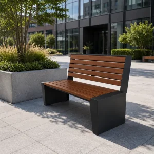 Modern Metal Frame Outdoor Park Bench Waterproof Wood Slat Backrest Garden Bench Public Commercial Patio Leisure Bench