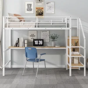 Modern Metal Loft Bed with Under Sofa Area and Storage Staircase for Student Apartment