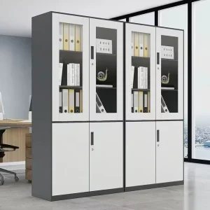 Modern Metal Office File Cabinet Glass Display Top Solid Bottom Lockable File Cabinet for Office School Commercial Storage