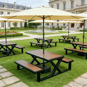 Modern Metal Outdoor Cafe Dining Table Bench Set Durable Commercial Grade Furniture Restaurant Hotel Farmhouse Park Seating