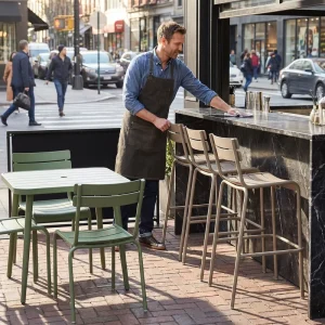 Modern Metal Outdoor Dining Chair Set Stackable Garden Chairs and Matching Bar Stools for Cafe Restaurant