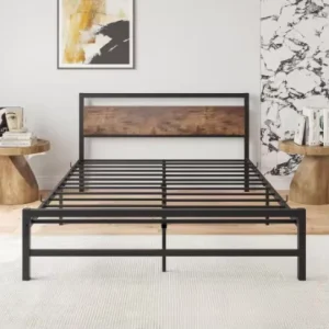 Modern Metal Platform Bed Frame with Rustic Wooden Headboard Heavy Duty Steel Slats No Box Spring Needed for Bedroom Furniture