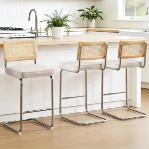 Modern Metal Rattan Commercial Grade Bar Stool Steady Durable Soft PU Fabric Cushion High Counter Stool for Kitchen Island Home