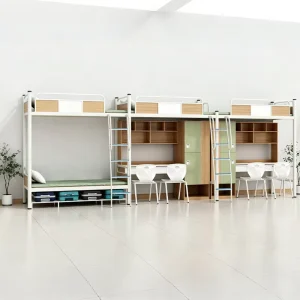 Modern Metal School Furniture Bunk Bed with Computer Desk and Wardrobe Set for Three People