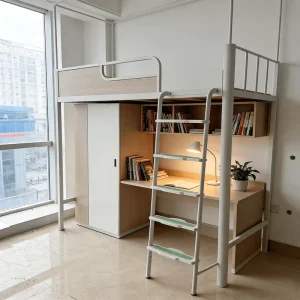 Modern Metal Single Loft Bed Desk Wardrobe Shelves Multi Functional Hotel Student Dorm Bed Ladder Space Saving Commercial