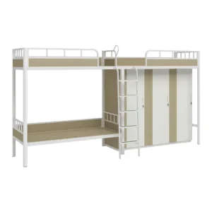 Modern Metal Twin Bunk Bed with Cabinet and Ladder All in One Dormitory Bed for Hotel Apartment School Use
