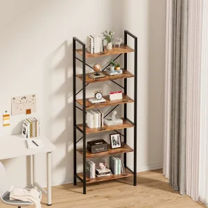 Modern Metal & Wood 6 Shelf Etagere Bookcase Freestanding Durable Space Saving Customizable for Home Office Apartment Bedroom