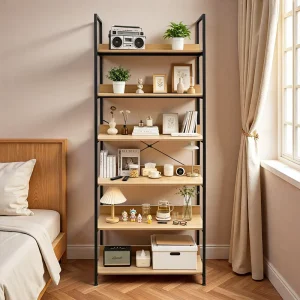 Modern Metal & Wood 6-Shelf Etagere Bookcase Freestanding Durable Space-Saving Customizable for Home Office Apartment Bedroom