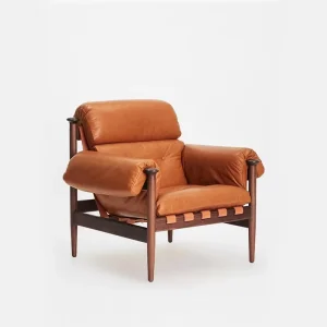 Modern Midcentury Handmade Retro Lounge Living Room Furniture Solid Wood Recliner Sofa Chair Chestnut Leather Armchair