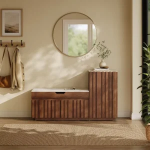Modern Midcentury Walnut Fluted Shoe Storage Cabinet Bench with Drawer Door Storage Entrance Organizer Furniture