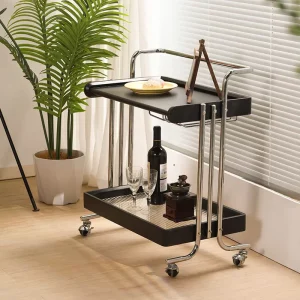 Modern Minimalism Movable Cart Side Table Living Room Storage Shelf Solid Wood Vintage Storage Snack Coffee Steel Furniture