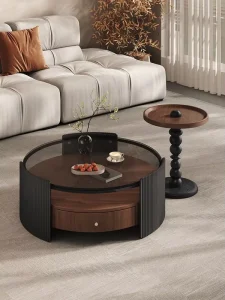 Modern Minimalism Round Tempered Glass Coffee Table with Solid Wood Frame for Living Room
