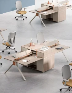Modern Minimalist 4 Person Office Desk with Overhead Storage and Modesty Panel Commercial Furniture