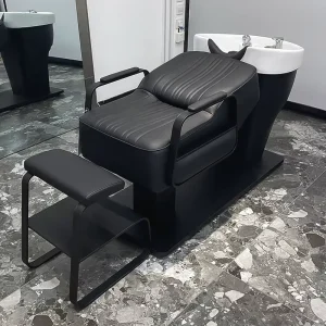 Modern Minimalist Barber Shop Ceramic Deep Basin Hair Washing Bed with Eco Friendly Durable Leather Design for High end Salons