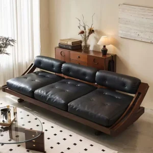 Modern Minimalist Bauhaus Design Genuine Leather Sofa with Movable Feature and Solid Wood Legs for Living Rooms of All Sizes
