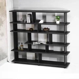 Modern Minimalist Black Wooden Bookshelf Open Storage Bookcase Geometric Display Shelf Unit for Living Room Office