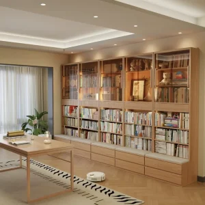 Modern Minimalist Bookcase Floor to Ceiling Library with Integrated Bench Walnut Oak Texture Custom Home Office Storage Cabinet