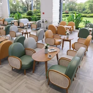 Modern Minimalist Casual Woven Rattan Solid Wood Commercial Restaurant Booth Table and Chair Set