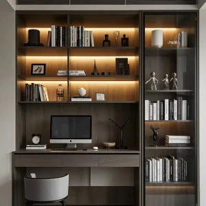 Modern Minimalist Custom Bookcase Integrated Desk Study Table Wood Grain Modular Storage Cabinet with LED Lighting for Villa