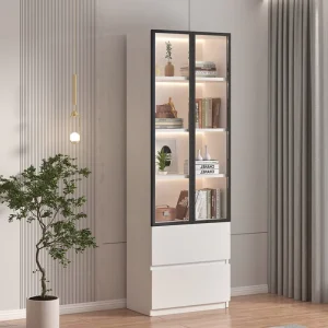 Modern Minimalist Desk and Bookshelf Combo Home Student Computer Desk with Glass Cabinet Storage Writing Table