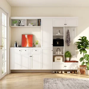 Modern Minimalist Entryway Shoe Cabinet with LED Light and Cushion Seat Functional Wardrobe Style Shoe Cabinet